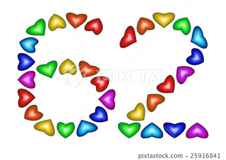 Number 62, sixty two of colorful hearts on white 25916841