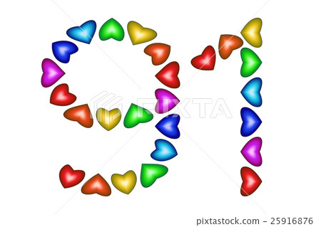 Number 91, ninety one of colorful hearts on white 25916876