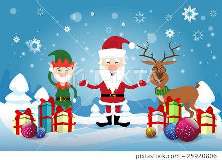 Smiling Santa Claus, Reindeer And Christmas Elf 25920806