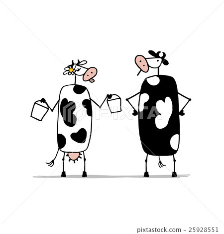 Funny bull and cows with buckets of milk, sketch Funny bull and cows with buckets of milk, sketch 25928551