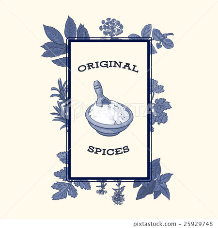 Bowl of flour framed by spices and herbs, poster Bowl of flour framed by spices and herbs, poster 25929748