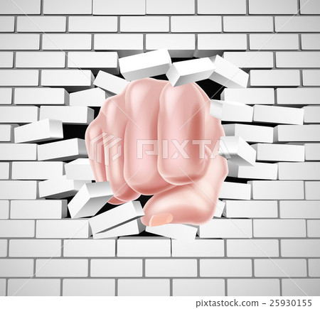 Fist Punching Through White Brick Wall 25930155