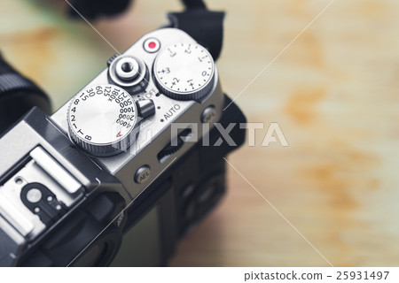 Close up vintage camera button of top panel 25931497
