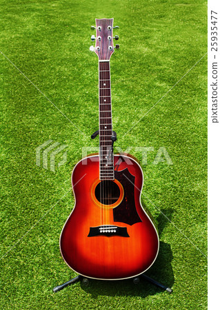 Acoustic guitar on background of green grass. 25935477
