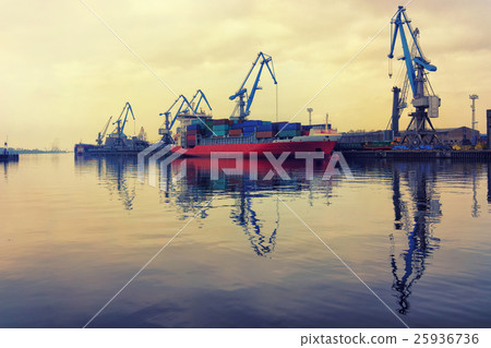 Red ship at the port of loading and unloading Red ship at the port of loading and unloading 25936736