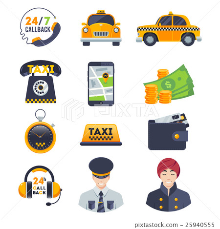 Flat color taxi icons set with order driver Flat color taxi icons set with order driver 25940555