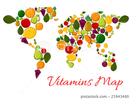 Fruit vitamins world map with fruits icons 25943480