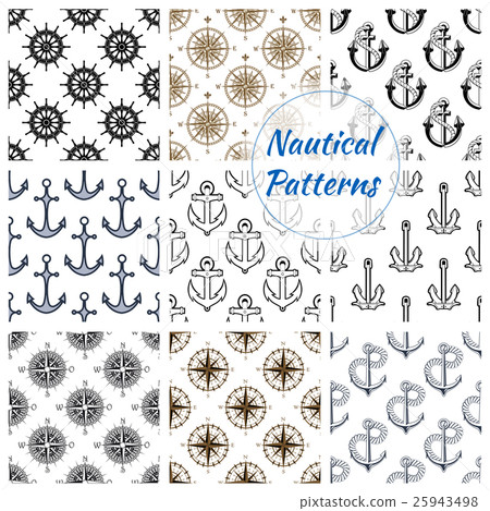 Nautical anchor, wheel seamless patterns set 25943498