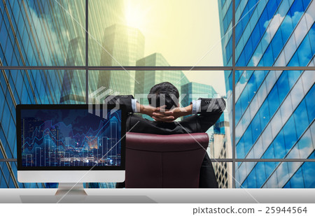 Back side of sitting businessman who is looking at citiy out off windows glass with Computer set show Trading graph on the cityscape and world map background on the table, Business financial concept Back side of sitting businessman who is looking at citiy out off windows glass with Computer set show Trading graph on the cityscape and world map background on the table, Business financial concept 25944564