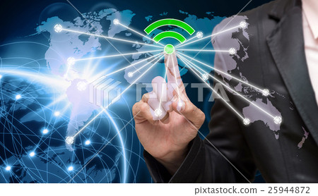 Businessman pointing or touching the wifi icon symbol on earth planet with network line and lens flare over the star background, Internet Network concept, Elements of this image furnished by NASA 25944872