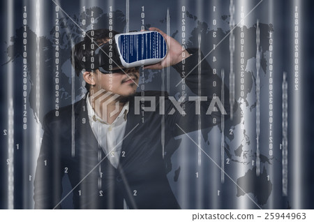 Asian Man wearing virtual reality Looking the digital numeric display of security or hacker on dark blue and world map background, VR technology concept Asian Man wearing virtual reality Looking the digital numeric display of security or hacker on dark blue and world map background, VR technology concept 25944963