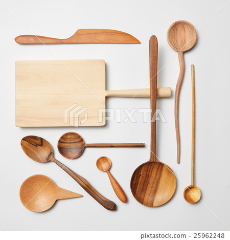 Various kitchen utensil on white wooden background Various kitchen utensil on white wooden background 25962248