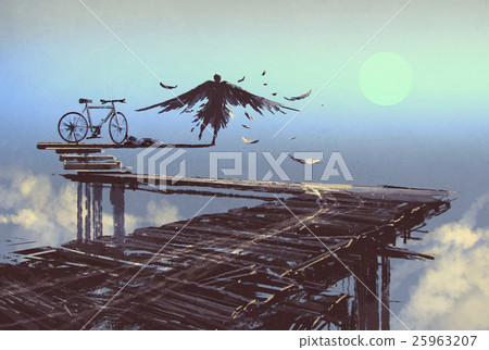 man becomes bird standing on end of line 25963207