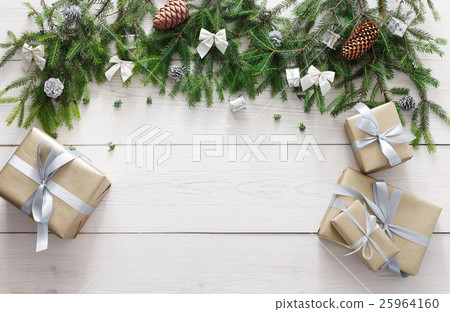 Christmas decoration, gift boxes and garland frame 25964160