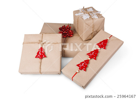 Christmas gift boxes in craft paper isolated on 25964167
