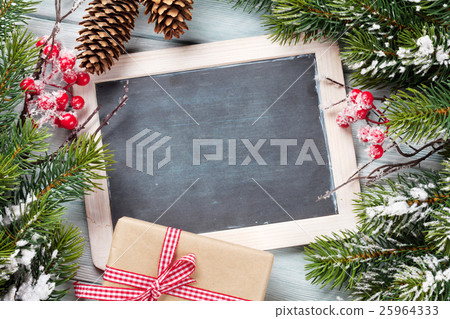 Christmas chalkboard, gift and fir tree Christmas chalkboard, gift and fir tree 25964333