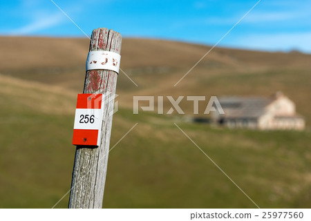 Trail Sign on a Wooden Pole - Italian Alps Trail Sign on a Wooden Pole - Italian Alps 25977560