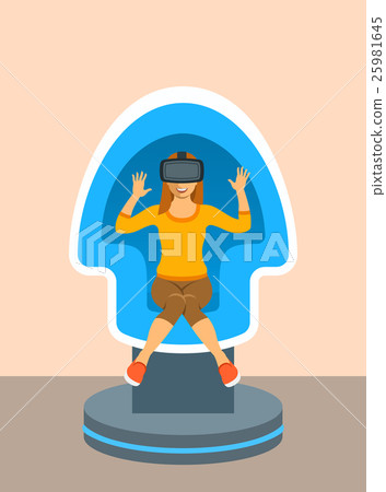 Woman virtual reality glasses in chair simulator Woman virtual reality glasses in chair simulator 25981645
