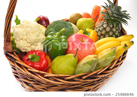 Fruits and vegetables in basket isolated on white Fruits and vegetables in basket isolated on white 25986646