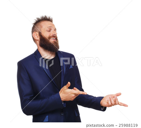 Portrait of young man, laughing, pointing with 25988119