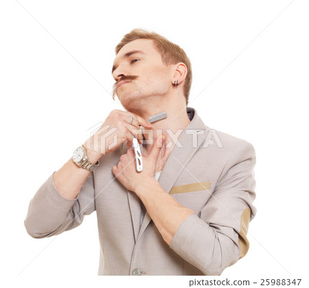 Hairdresser, wearing jacket, shaving with straight Hairdresser, wearing jacket, shaving with straight 25988347