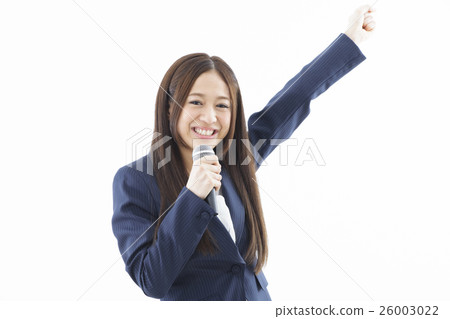Business female moderator microphone fresh employee business woman Business female moderator microphone fresh employee business woman 26003022
