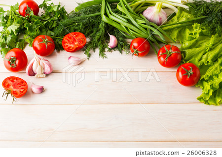 Fresh vegetables on the white wooden background 26006328