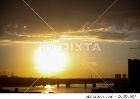Beautiful sunset over silhouette city skyline and 26006604