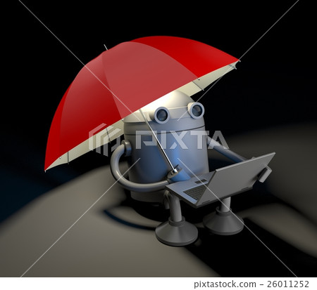 Robot looks at the screen of laptop 26011252