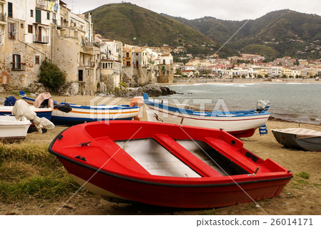 Sicilian fishing boat on the beach in Cefalu,  26014171