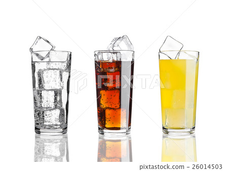 Glasses of cola orange soda lemonade with ice 26014503
