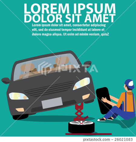 Tire service. Worker changing a punctured tire Tire service. Worker changing a punctured tire 26021083