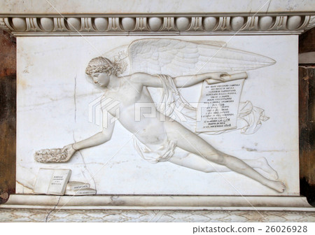 Angel relief on marble tomb in a graveyard, Italy Angel relief on marble tomb in a graveyard, Italy 26026928
