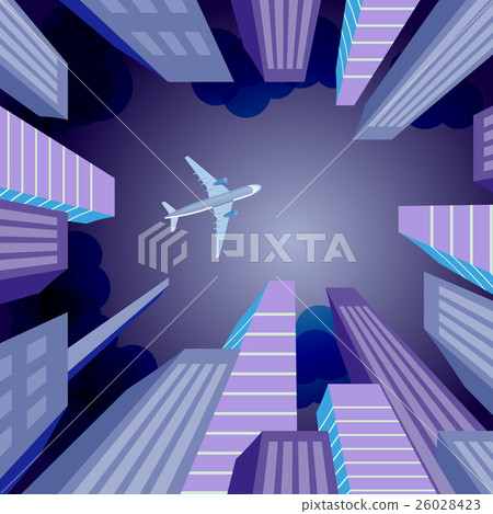 Airplane flying over business skyscrapers - Stock Illustration ...