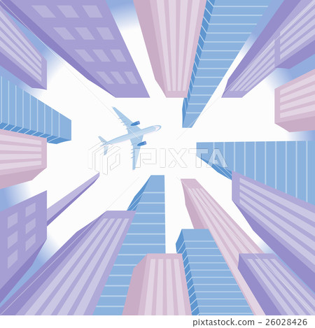 Airplane flying over business skyscrapers - Stock Illustration ...