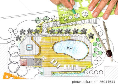 Landscape architect designs backyard plan with Pool for luxury v 26031633