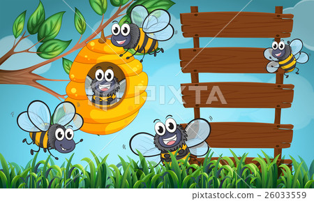Scene with bees and wooden sign Scene with bees and wooden sign 26033559