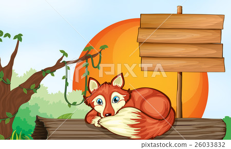 Wooden sign and fox on log Wooden sign and fox on log 26033832