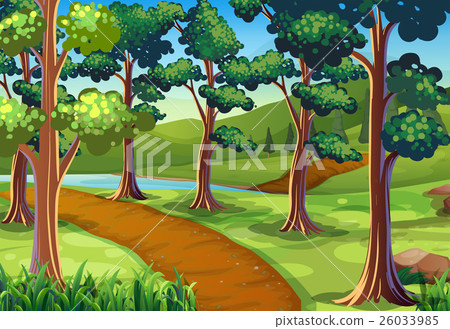 Scene with hiking trail in the woods - Stock Illustration [26033985 ...