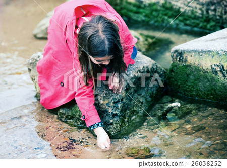 pretty little girl playing on a rock at the water's edge pretty little girl playing on a rock at the water's edge 26038252