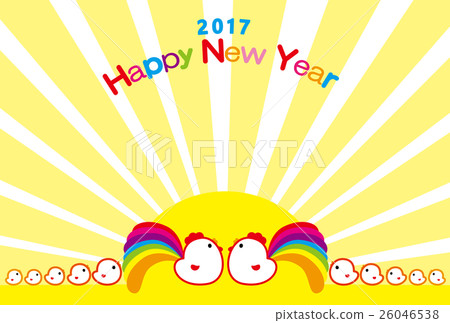新年卡2017年HappyNewYear雞父母和孩子公雞年彩虹尾巴 26046538