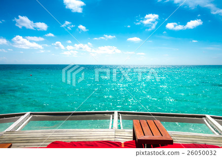 Portrait of happy young woman (fitness, bikini, perfect tanned body, healthy skin) at beautiful water villa at maldives island. Travel and Vacation. Freedom Concept. Outdoor shot. 26050032