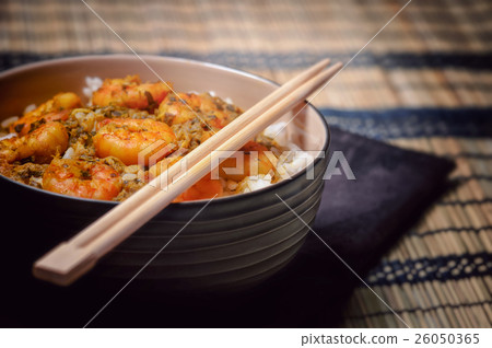 Curry prawns shrim with rice Caribbean Asian food 26050365