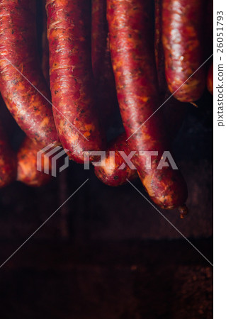 Traditional food. Smoked sausuages in smokehouse. Traditional food. Smoked sausuages in smokehouse. 26051793