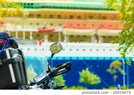 cruise ship and motorcycle closeup cruise ship and motorcycle closeup 26054678