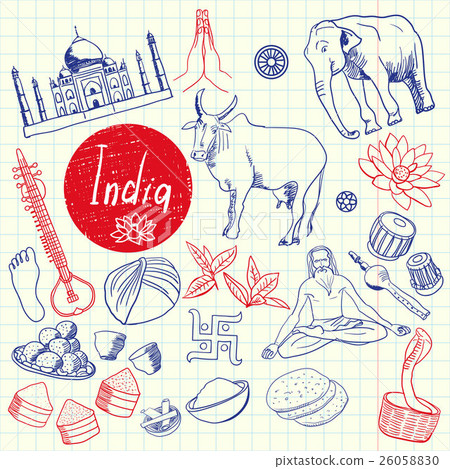 Indian Symbols Pen Drawn Doodles Vector Collection 26058830