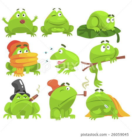 插图素材 green frog funny character set of different