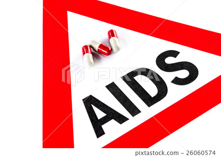 Stop AIDS and HIV, capsule with Warning Sign 26060574