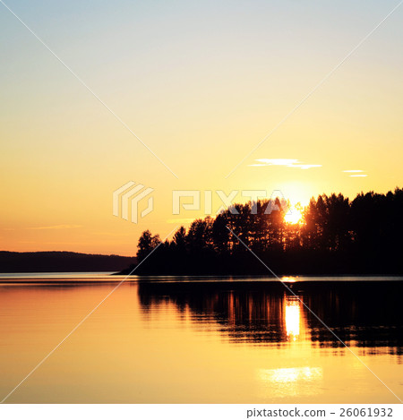 Sunset at Kenozero lake. Aged photo. Russian north 26061932