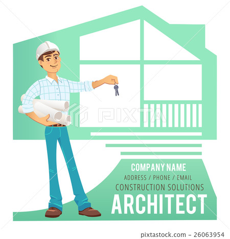 Architect in helmet with blueprints and keys in 26063954